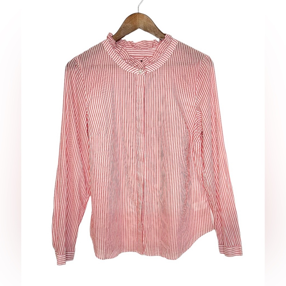 Talbots Red and White Striped Button Down Top with Ruffle Neckline